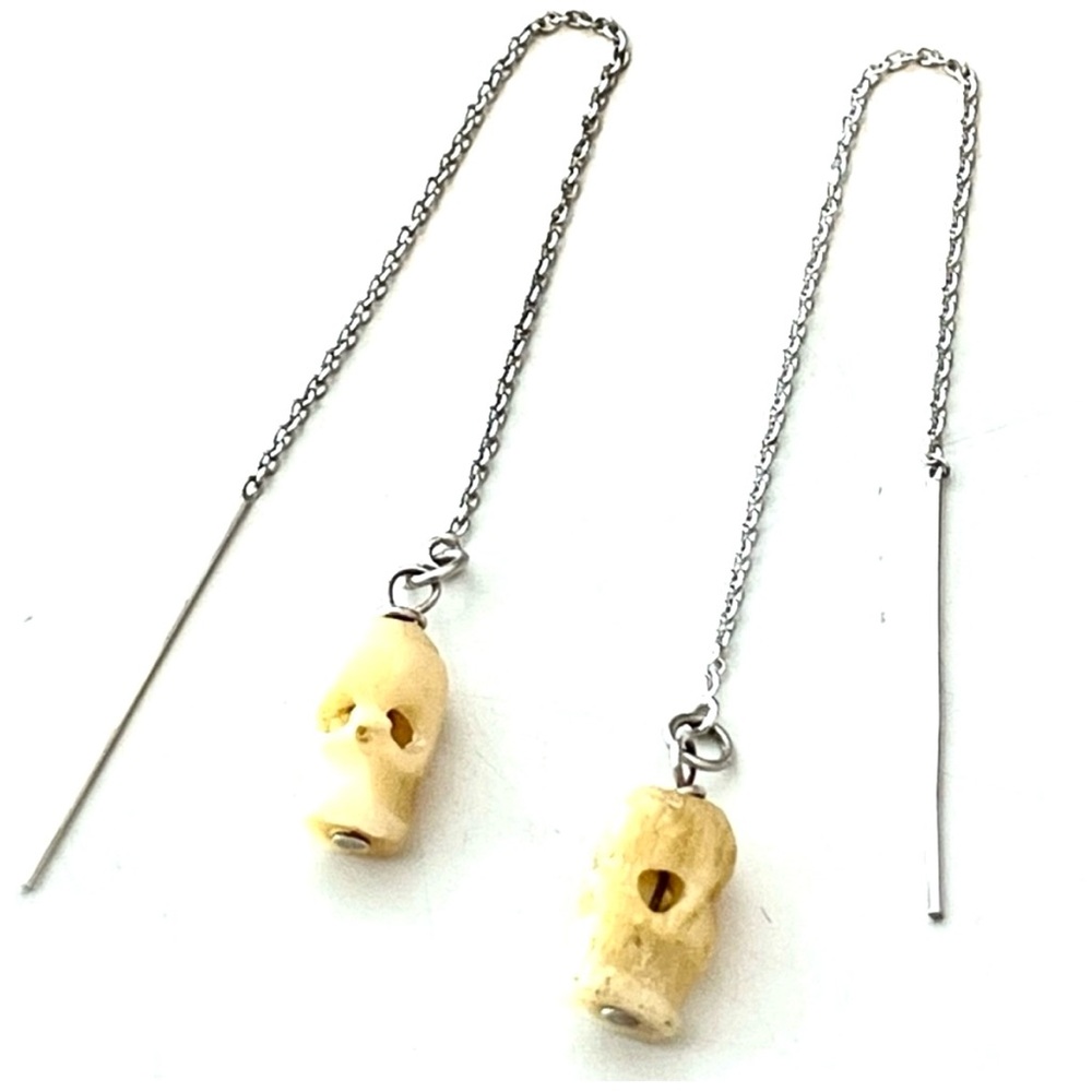 Vintage Bone Skull 925 Chain Earrings